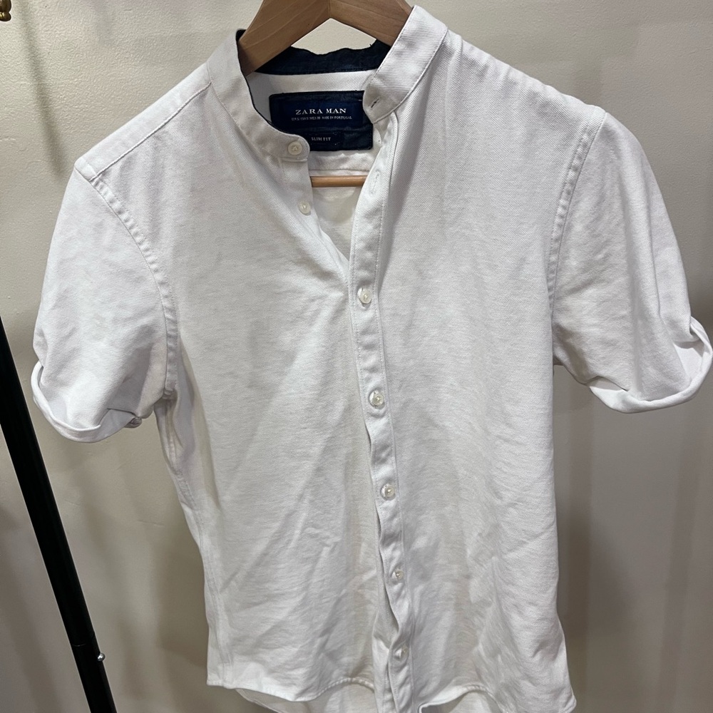Zara White Short-Sleeve Band-Collar Button-Down Shirt